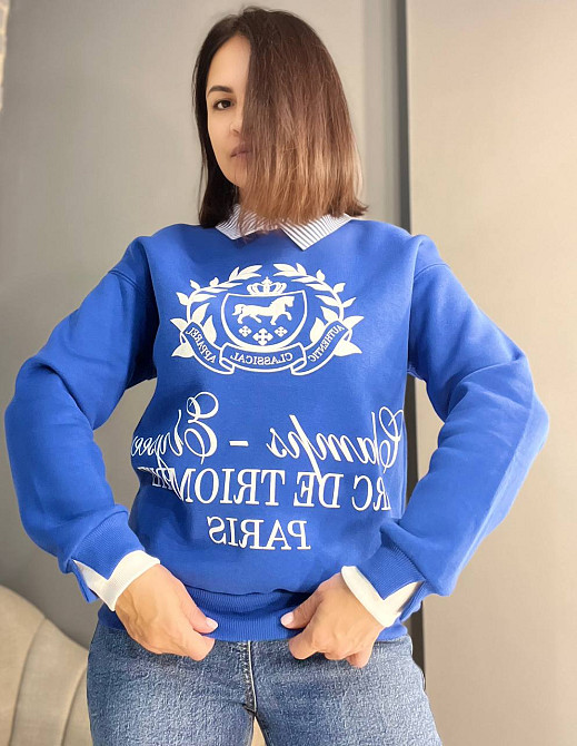 Свитшот женский OLIVIA 2473 с воротником и рисунком впереди утепленный на флисе one size, синий, one size Киев - изображение 13