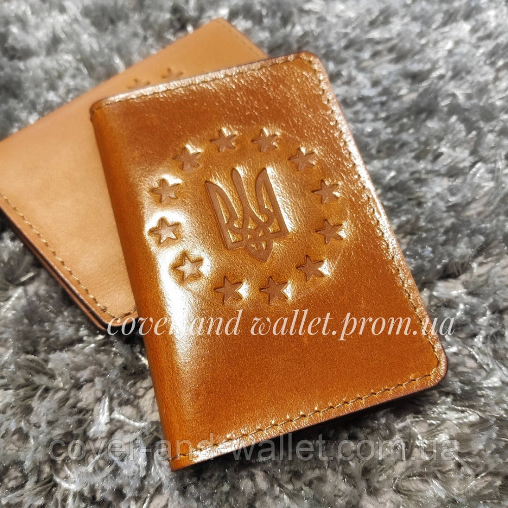 Желтая кожаная обложка на id паспорт и права с гербом Украины Киев - изображение 5
