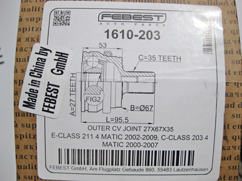 Febest  1610-203 Новий передній зовнішній шрус E-Class W211 C-Class W203 4matic Febest Одесса - изображение 3