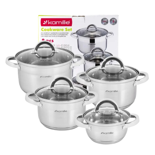 Набір каструль 8 предметів (каструлі 1,0/1,8/2,5/3,8л) нержавіюча сталь порожнисті ручки KAMILLE Житомир