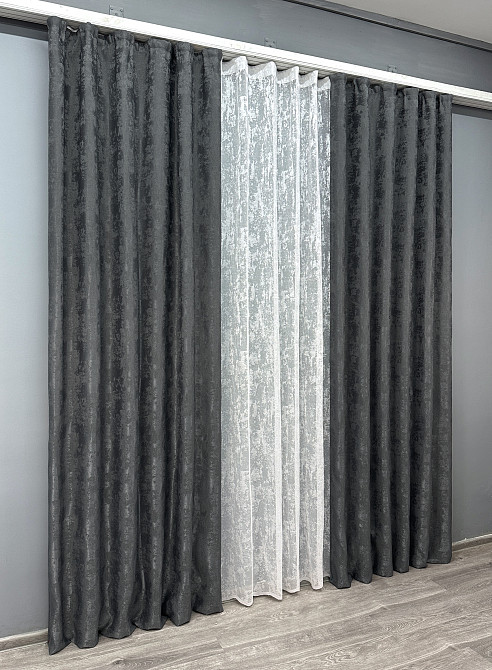 Комплект штор VR-Textil Жаккард Мрамор 200х270 2шт и Тюль 600х270 1123ш-1400т Графитовый с белым 71-003/7 Киев - изображение 3