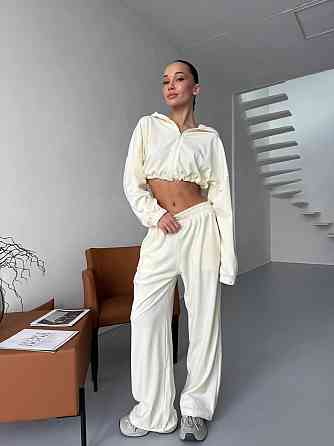 Жіночий велюровий костюм-двійка: худі на блискавці та штани Молочний, 42/44 Одеса