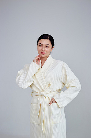 Женский вафельный халат Ideal Textile длинный ванильный M Черновцы - изображение 2