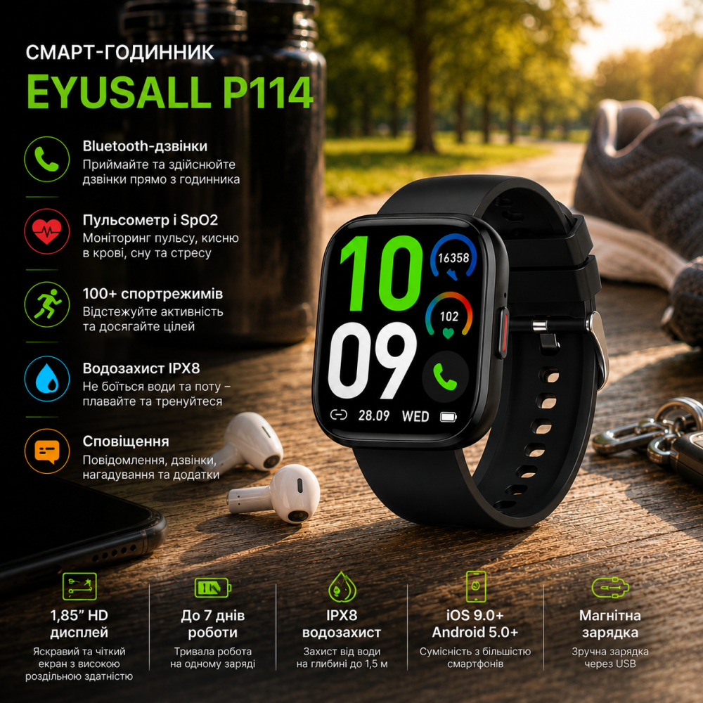 Смарт-часы EYUSALL P114 1,85″, Bluetooth-звонки, пульсометр, SpO2, 100+ спортивных режимов, IPX8, iOS/Android, Black Киев - изображение 1