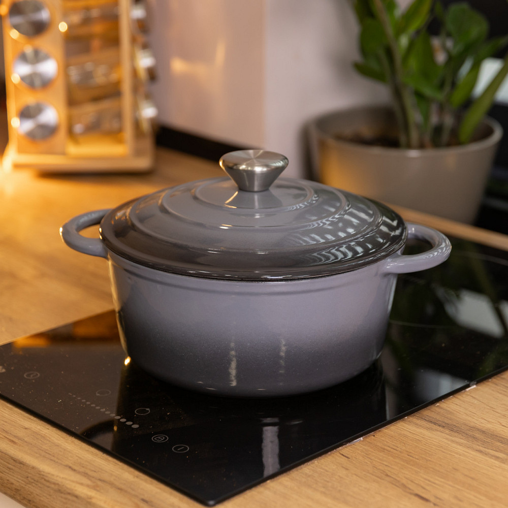 Каструля чавунна 2.5 л емальована з кришкою посуд для тушкування запікання томління кухонна Сіра HP-1-14-GREY Коломия - фото 8