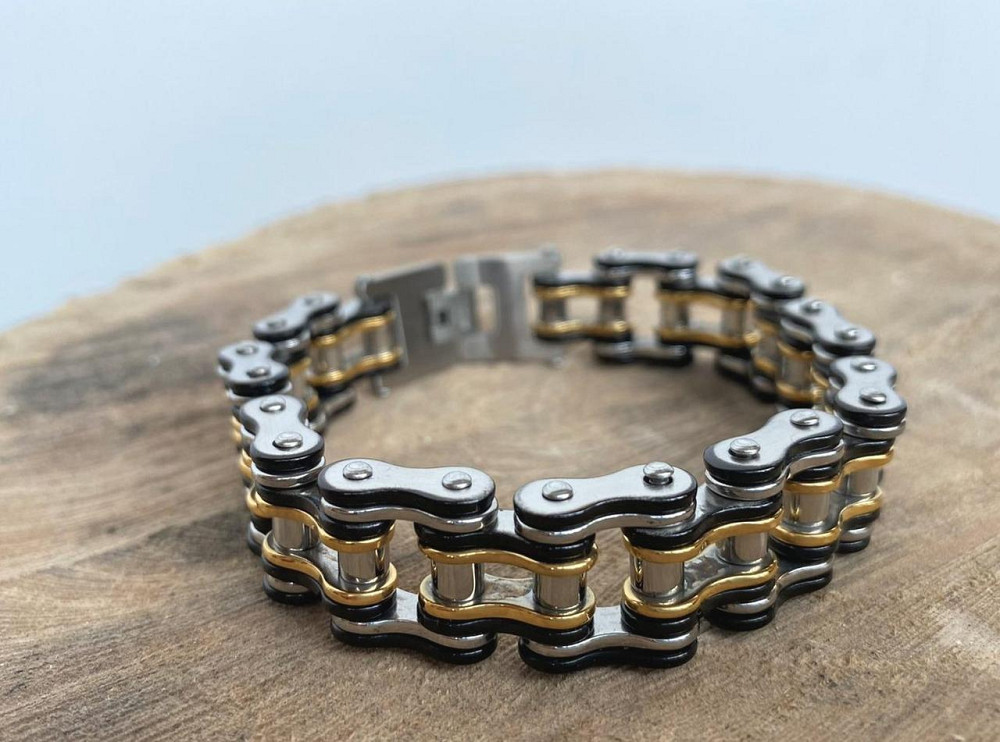 Чоловічий браслет RESTEQ з нержавіючої сталі у вигляді мотоциклетного ланцюга, чорний-золото-сріблястий Київ - фото 8