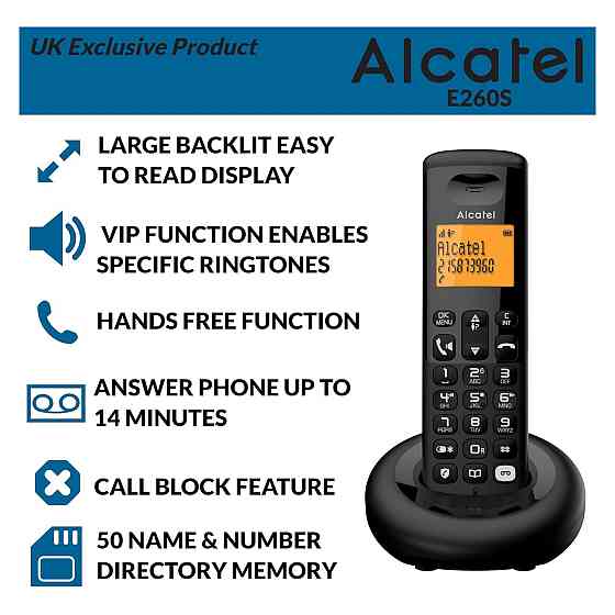 Бездротовий телефон DECT домашній телефон Alcatel E260 SVoice Чорний з автовідповідачем 2-рядковим дисплеєм 50 контактів Київ