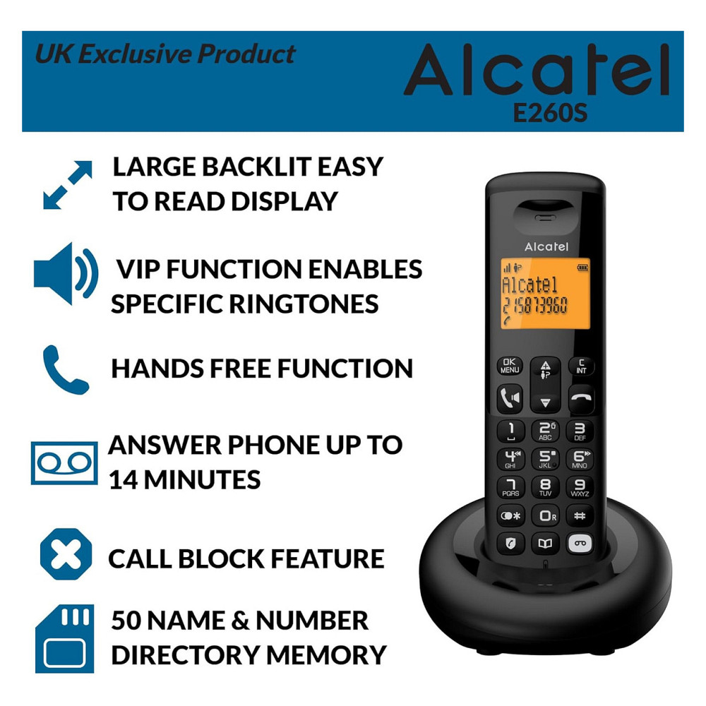 Бездротовий телефон DECT домашній телефон Alcatel E260 SVoice Чорний з автовідповідачем 2-рядковим дисплеєм 50 контактів Київ - фото 2