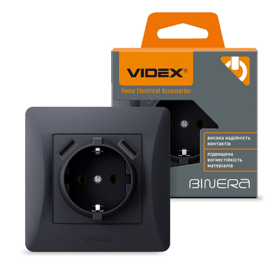 BINERA чорний графіт Розетка внутрішня 1-а +2USB із заземленням Videx Житомир