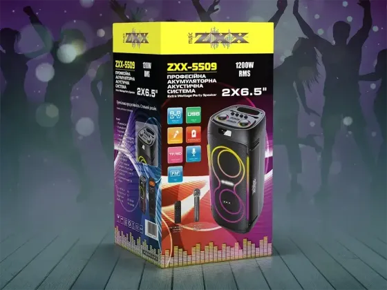 Акустична переносна колонка ZXX-5509 1200Вт 2x6,5" 265х265х620мм TWS/FM/USB/TF/BT/LED/REC/ДК/MIC Одеса