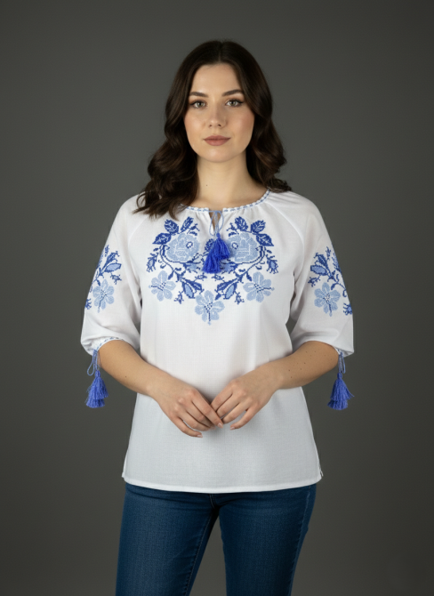 Женская вышитая рубашка из домотканого полотна с розами 44 Киев - изображение 1