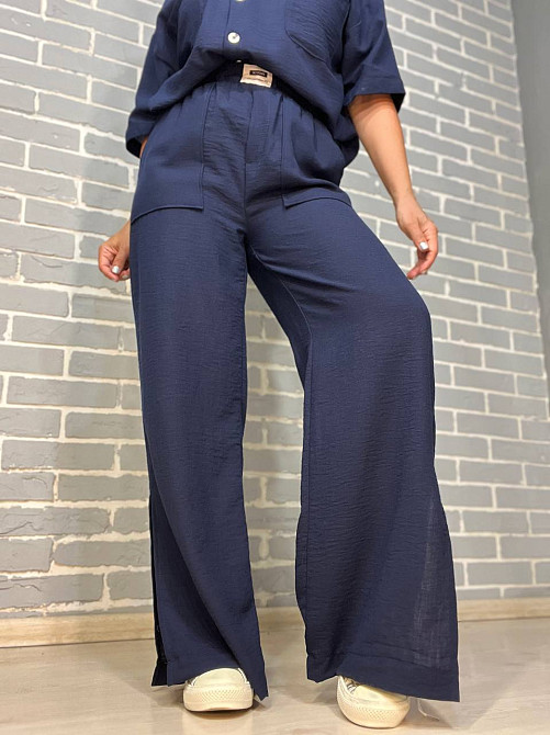 Костюм жіночий Mix Ray 4157 сорочка оверсайз брюки з розрізами по боках рівні від стегна темно синій, темно-синій, M Київ - фото 16