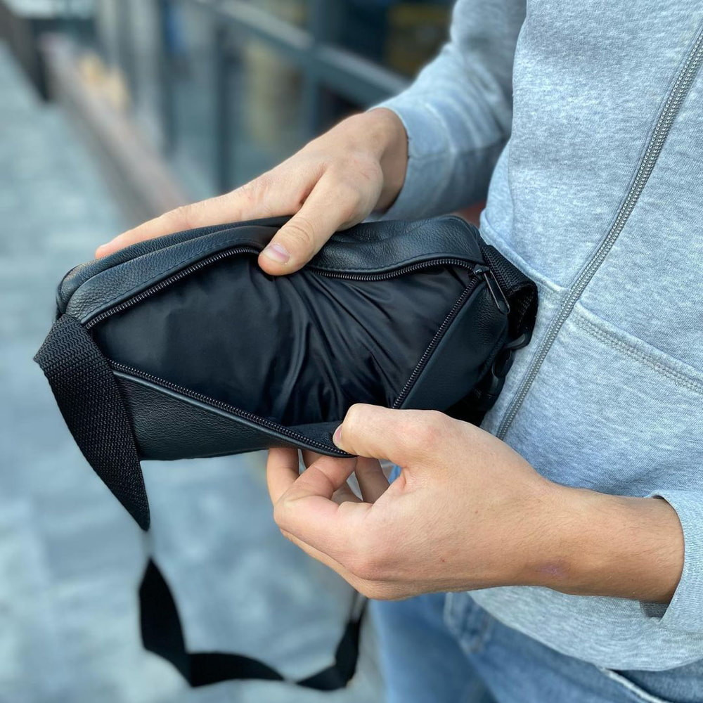 Бананка чоловіча чорна, Зручна чоловіча шкіряна бананка Сумка ремінь на пояс DN-38 Львів - фото 5