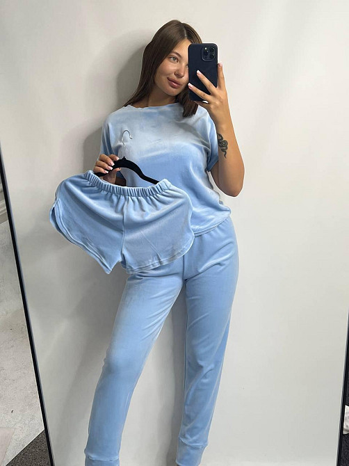 Пижама-комплект (футболка+шорти+штаны) из плюшевого велюра Голубой S Харьков - изображение 3