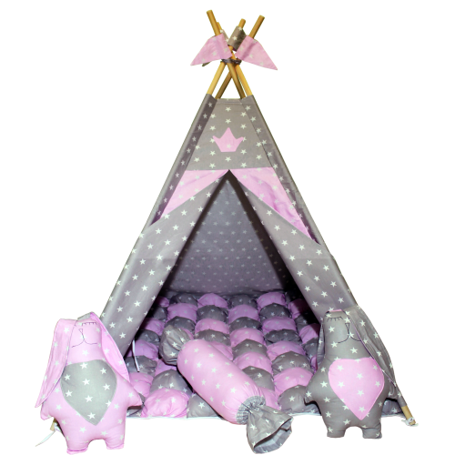 Вігвам Хатка комплект Бобон Принцеса Рожевий із сірим із подушками — Великий 150*150 см Київ
