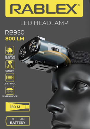 Налобний ліхтар Rablex RB950, червоний+біле світло, 2хXPL+16хCOB+1хRED COB, акум, Type-C Дніпро