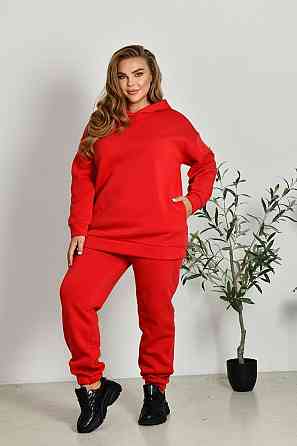 Женский прогулочный костюм: худи и штаны батал в спортивном стиле трехнитка на флисе Красный, 60/62 Одесса