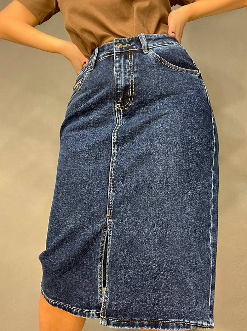 Спідниця жіноча джинсова Liana 269 великі розміри прямий крій середня довжина стрейчева розріз попереду темно синя , темно-синій, 31, 31, 81 см, 105 с Київ - фото 7