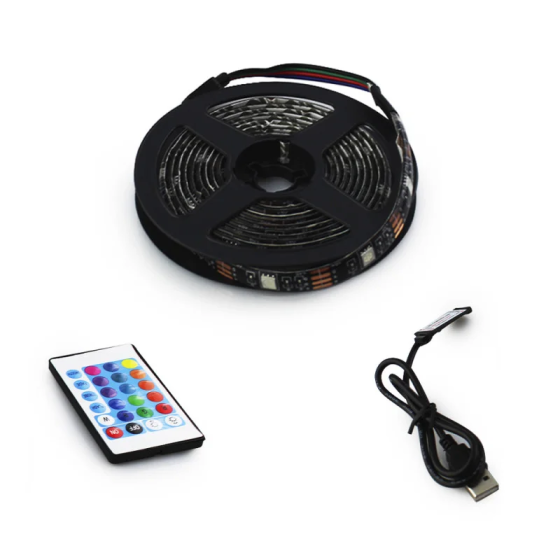 Світлодіодна USB RGB стрічка 5м SMD 5050 з пультом для підсвічування ТВ: клейка основа, чорний провід Одеса
