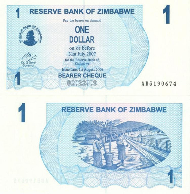 Zimbabwe Зимбабве - 1 Dollar 01.08. 2006 UNC cheque Pick 37 Полтава - изображение 1