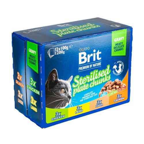 Вологий корм Brit Premium Cat Набір паучів сімейна тарілка для стерилізованих котів, асорті 4 смаки, 100 г х 12 шт Київ