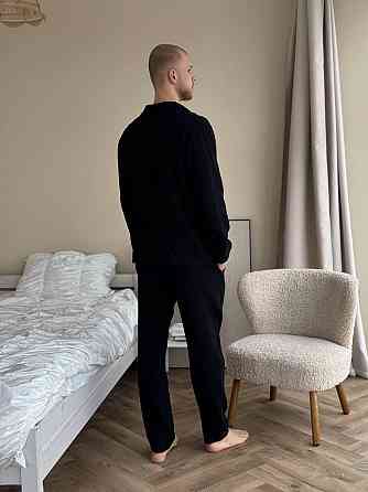 Чоловічий домашній костюм з муслінової тканини на ґудзиках Чорний XL-2XL Харків