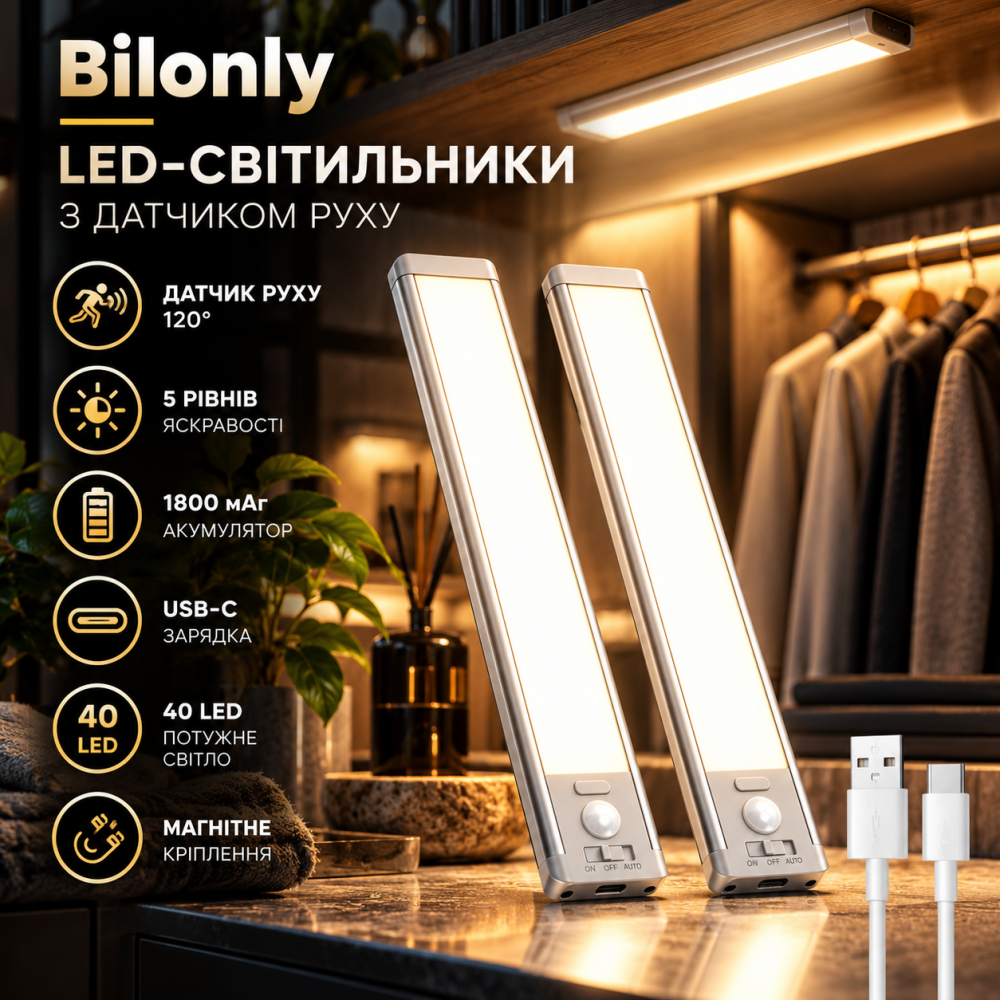 Акумуляторні LED-світильники Bilonly 25 см 2 шт., 40 LED, датчик руху 120°, 1800 мАг, USB-C, 5 рівнів яскравості Київ - фото 1