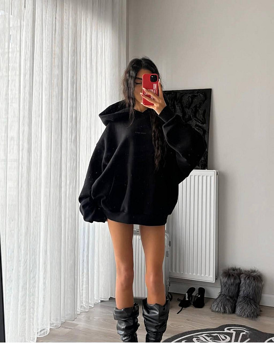 Жіночий стильний подовжений обʼємний худі в стилі оверсайз трьохнитка на флісі Одеса - фото 2