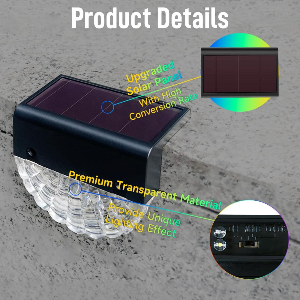 Світильники садові сонячні LED, набір 6 шт, тепле біле світло 7 кольорів, освітлення для сходів, тераси, двору IP55 водонепроникні Київ - фото 5