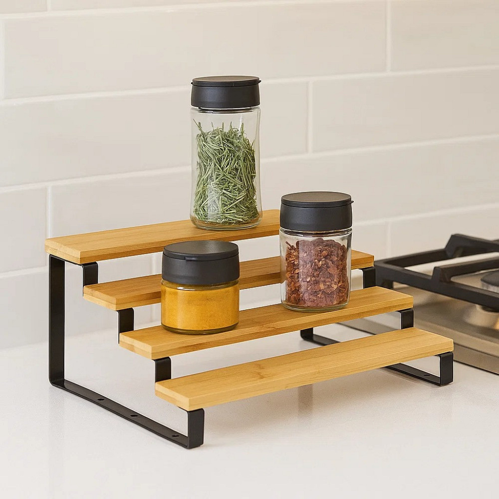 Полиця для ванної кімнати та кухні дерев'яна багатоярусна на 4 ступені для спецій, стійка ступінчаста для банок Кам'янець-Подільський - фото 4