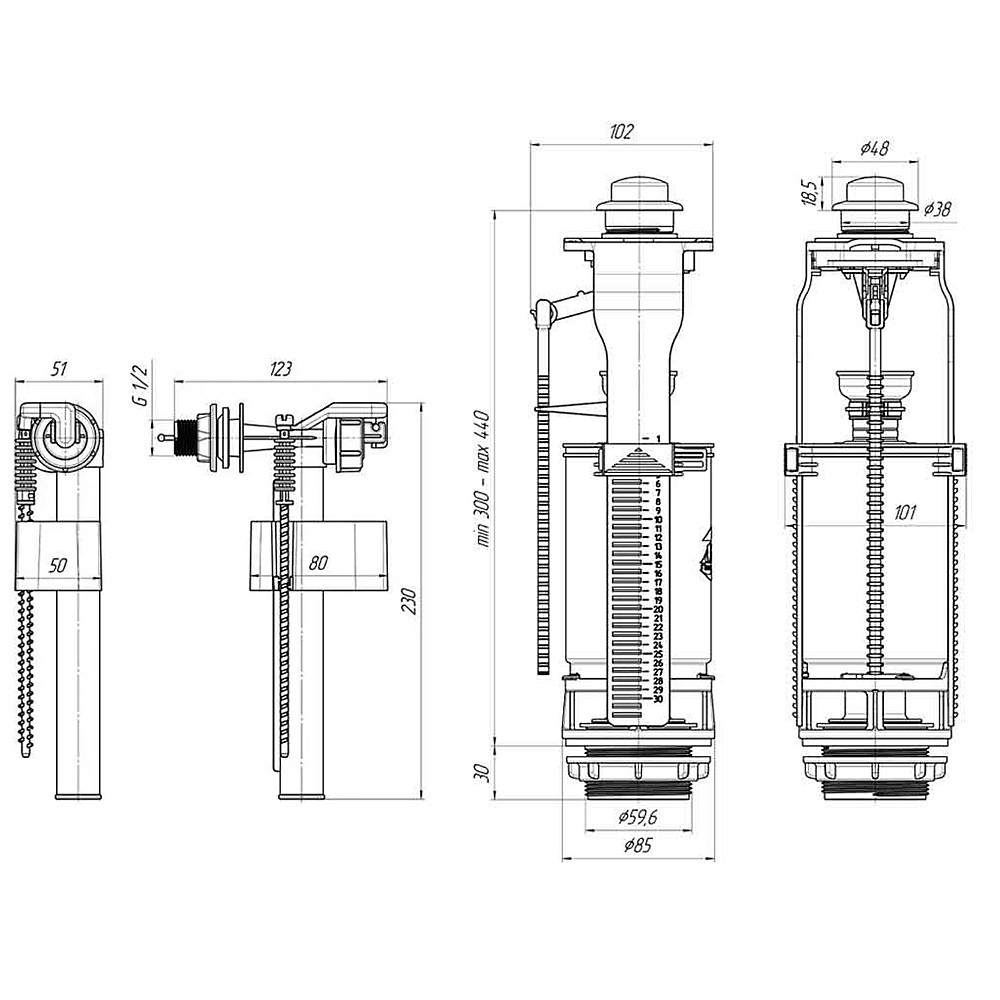Набір для бачка унітазу OPTIMUM  бок підв пласт 1/2″ і зливним механізмом з однією кнопкою OPTI 1010 Тернопіль - фото 8