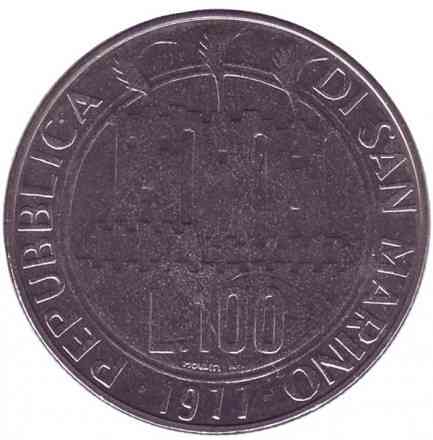 Космос. Монета 100 лир. 1977 год, Сан-Марино.UNC Полтава