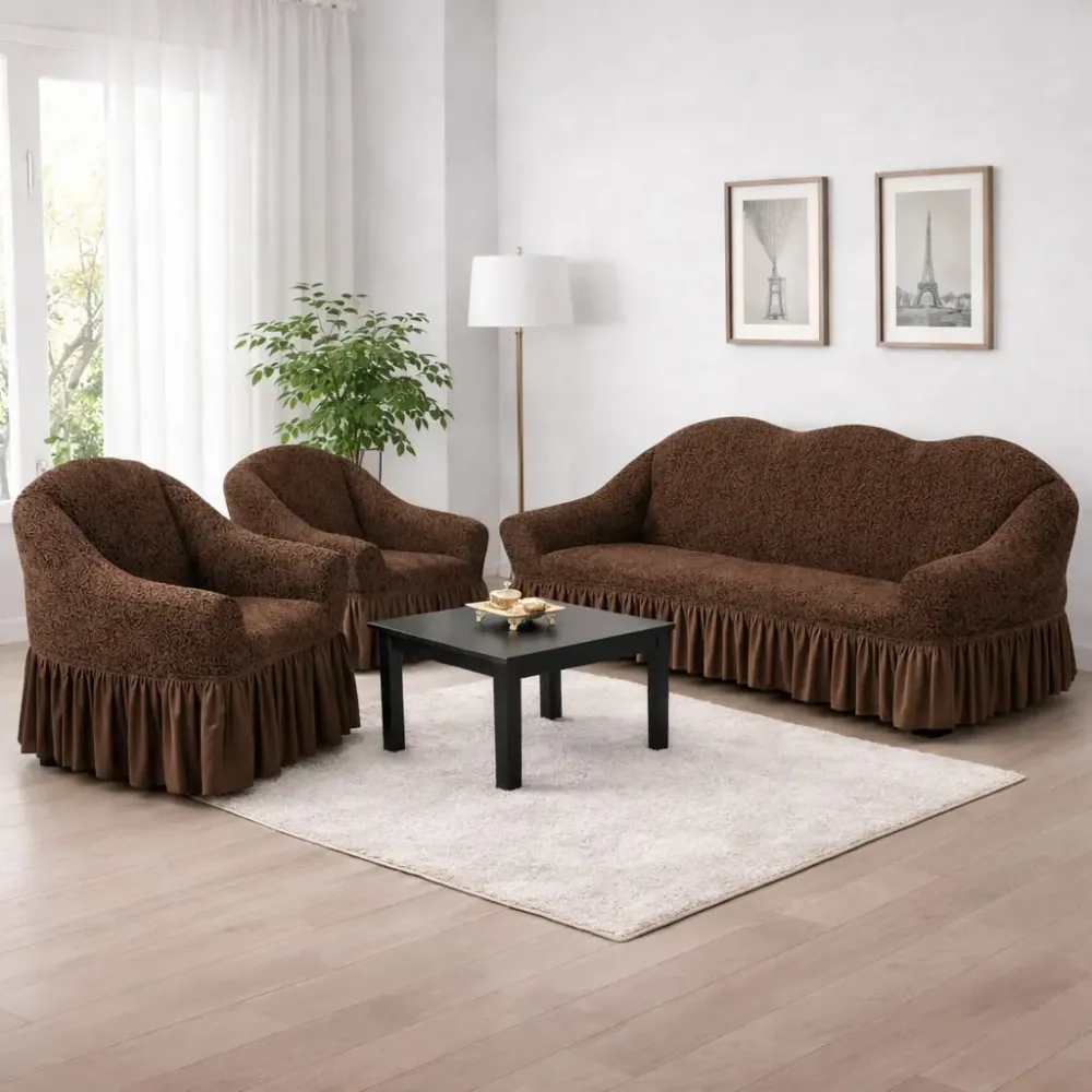 Жаккардовый турецкий чехол на диван и два кресла, универсальный натяжной чехол, накидка на диван Коричневый Коломыя - изображение 1