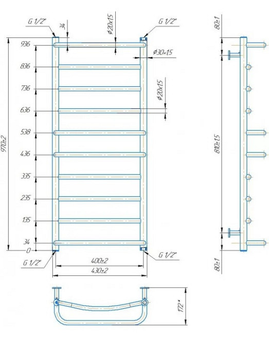 Водяной полотенцесушитель Mario INOX Люкс 970х430/400 Киев - изображение 4