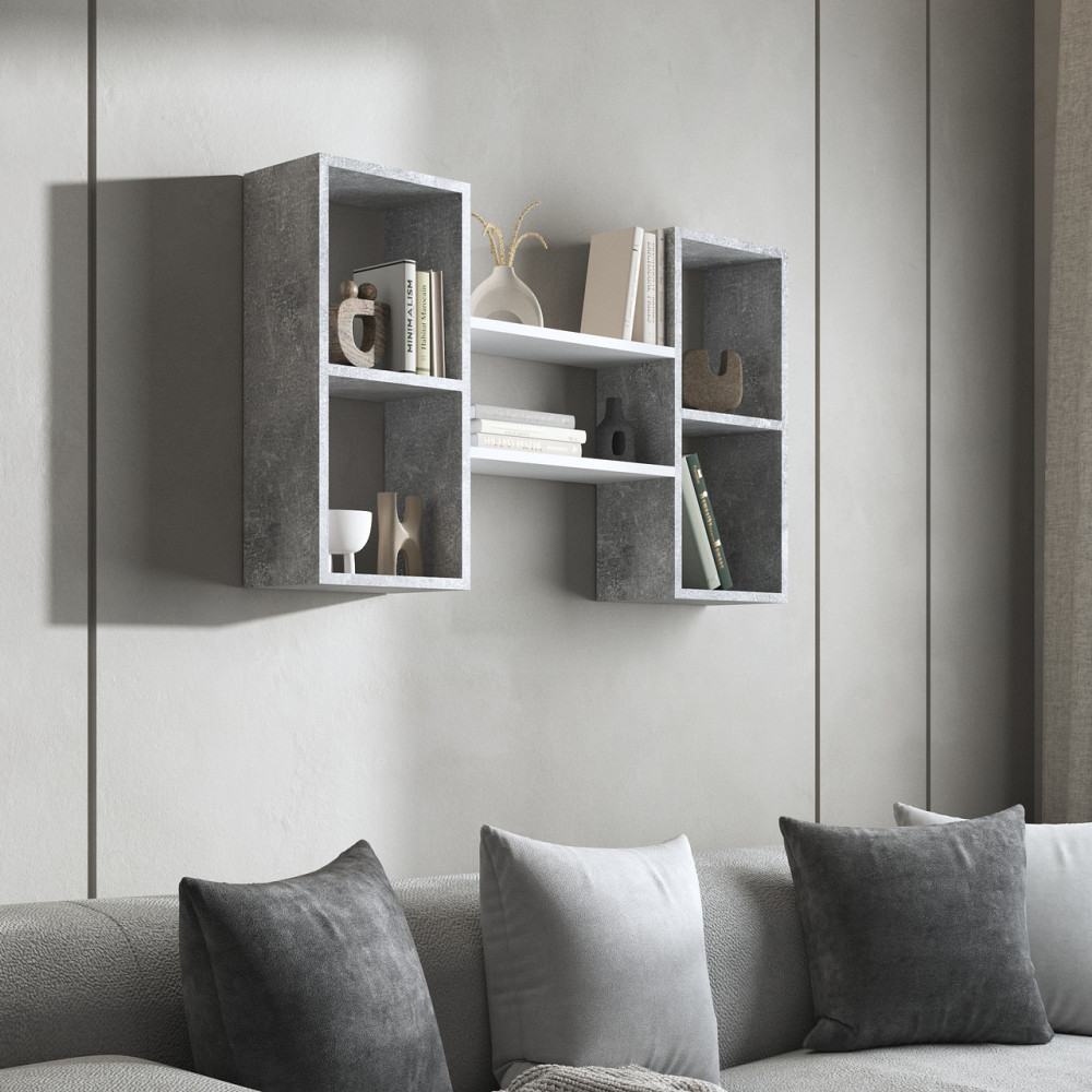 Навесная полка VAYS M-11 Бетон-Белый, с нишами для книг и декора, ЛДСП, 100×18×60 см - для гостиной, спальни, кабинета Львов - изображение 1