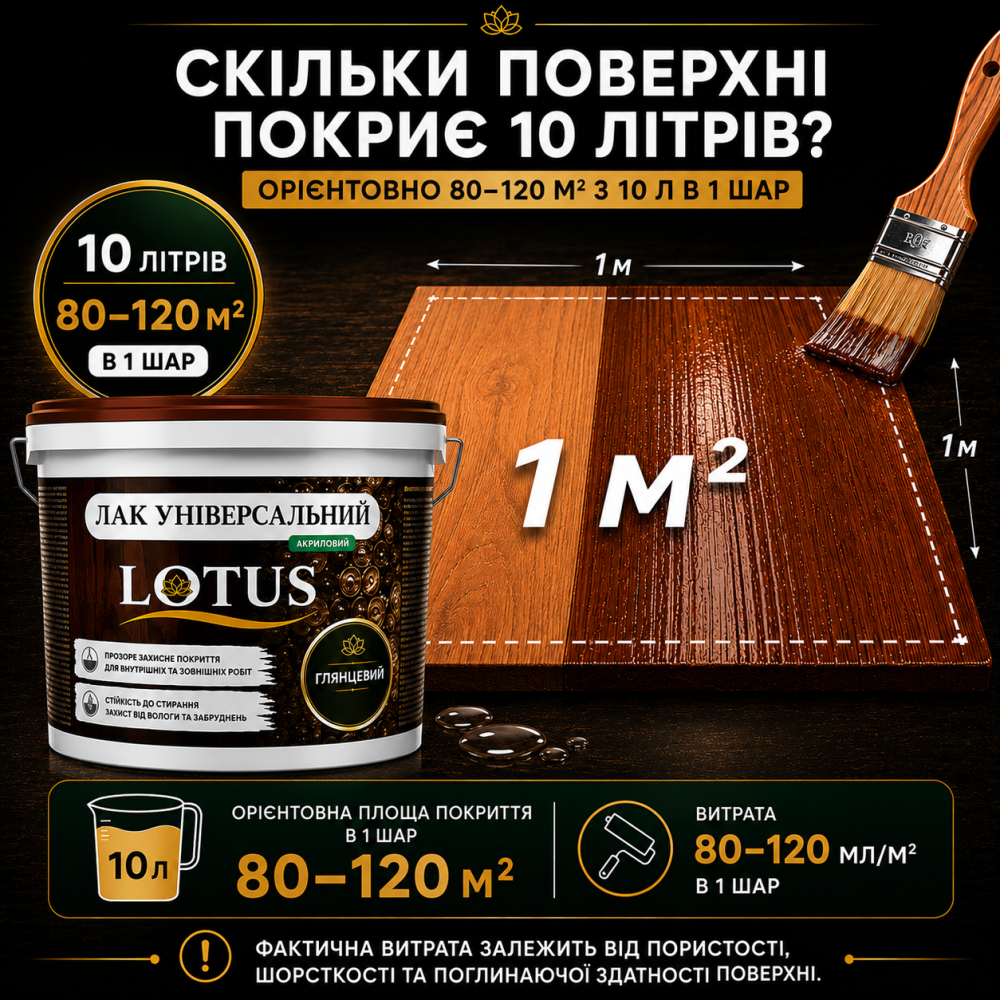 Лак універсальний акриловий LOTUS прозорий глянцевий без запаху зносостійкий для дерева, каменю, бетону та інших поверхонь 10 л Харків - фото 8