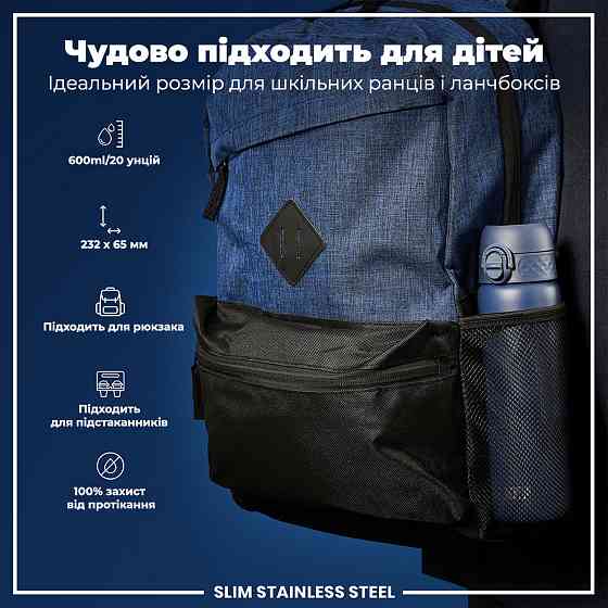 Пляшка для води металева ION8 600 мл. Stainless Steel , Ash Navy Каменское
