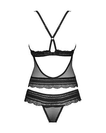 Полупрозрачный набор с украшениями Obsessive Ivannes top & thong L/XL, черный, топ и танга Sex Aura Киев