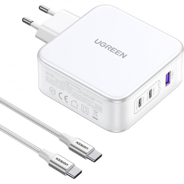 Зарядний пристрій 3xUSB 140W GaN (2хUSB-C+USB-A) CD289 with C to C Cable 1.5 м White Ugreen (15339) Киев - изображение 4