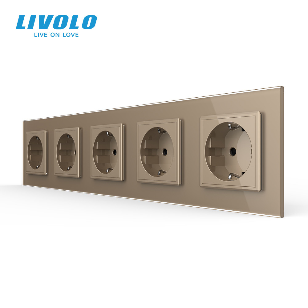 LIVOLO П’ятимісна електрична розетка з заземленням LIVOLO, золота, скляна рамка, шторки, 250В 1 Коломия - фото 1