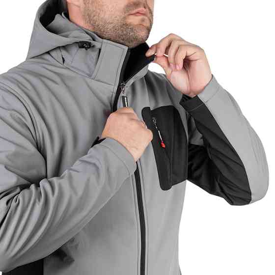 Куртка SOFTSHELL світло-сіро/чорна, з капюшоном, тришарова, стрейч 300 GSM 100D, водо-/вітрозахист, 96% поліестер / 4% еластан, 3 кишені, XXL Львів