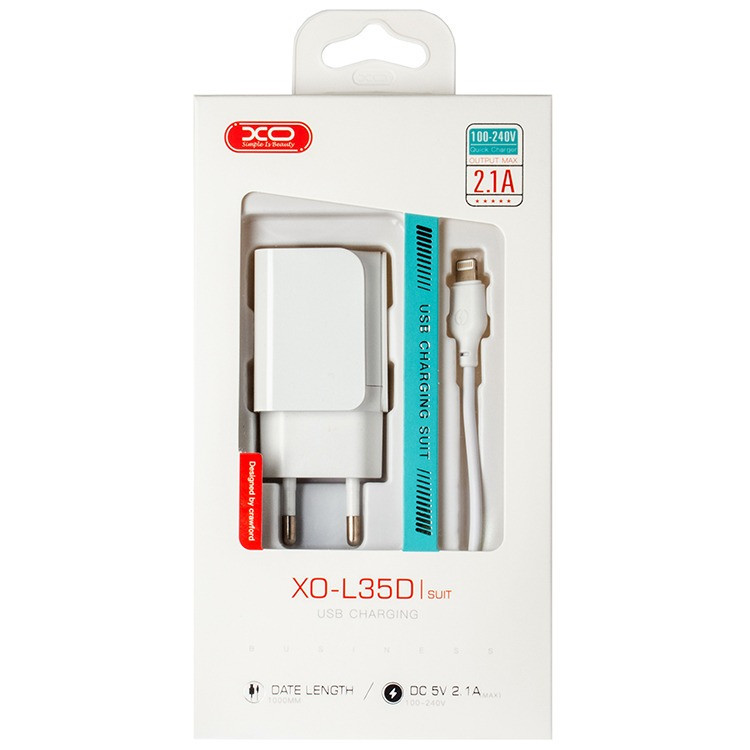 Мережевий зарядний пристрій з кабелем USB - Lightning XO L35D 2USB/2.1A Білий Кам'янець-Подільський - фото 2