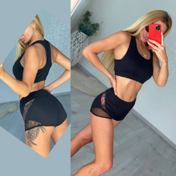 Жіночий костюм комплект пол денс одяг шорти з футболкою топ для pole dance чорний з сіткою та вставкою Одеса