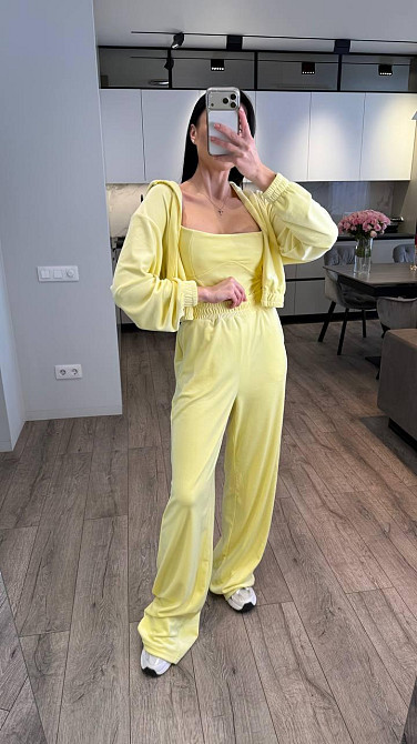 Женский стильный повседневный костюм тройка велюр плюш Лимонный, 44/46 Одесса - изображение 6