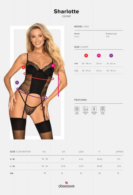 Комплект Obsessive Sharlotte корсет з пажами для панчох та трусики стрінги, чорний, S/M Sex Aura Київ - фото 7