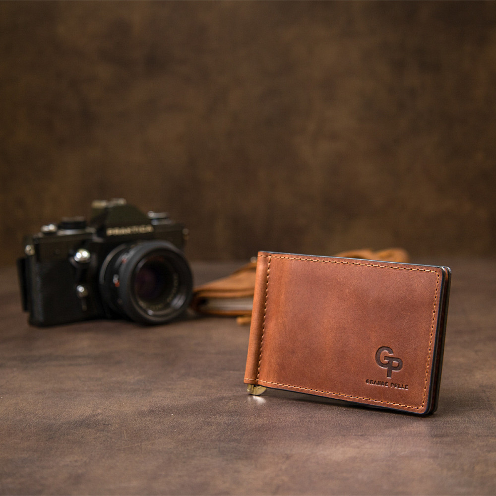 Мужской кожаный винтажный зажим GRANDE PELLE 11477 Коричневый Киев - изображение 4