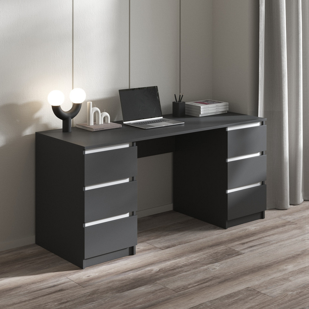 Комп’ютерний стіл VAYS R-2 Антрацит-Білі планки, письмовий з 2 тумбами, 6 шухляд без ручок, ЛДСП 160×60×75 см – для дому, офісу, навчання Львів - фото 1