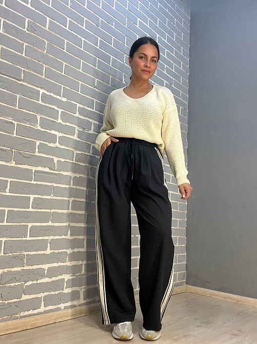 Брюки жіночі A-N 2752 спортшик палаццо лампас талія на резинці чорні, чорний, S Київ - фото 13