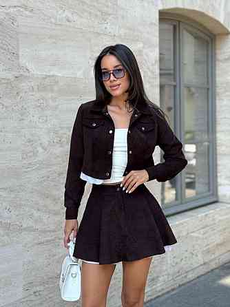 Женский стильный костюм двойка: пиджак на пуговицах и юбка-шорты вельвет. Шоколадный, 44 Одесса