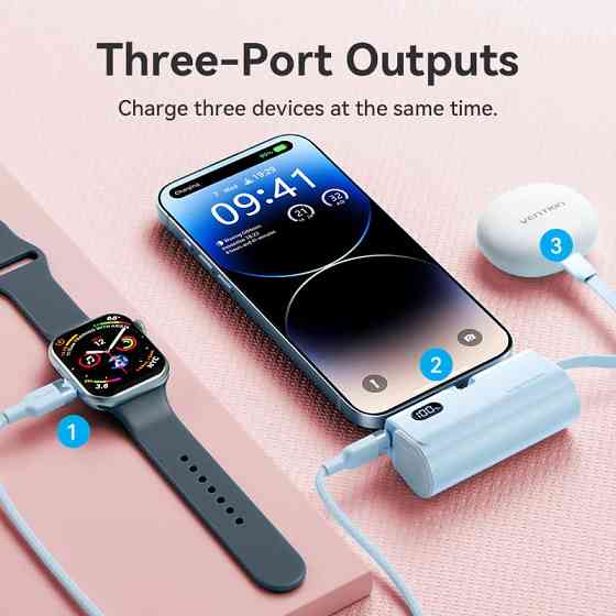 УМБ Vention 4800mAh 22,5W PD, USB-C In/Out, LED display, with built-in Lightning cable Black Вінниця